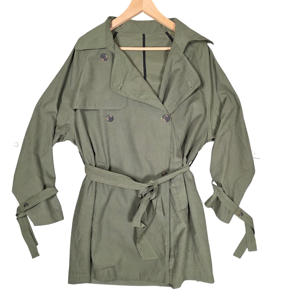 Trench Coat Double Breasted Belted Women Free Size Green GOOD Gorpcore Chic